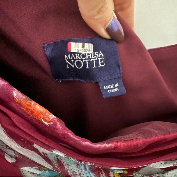 Marchesa Notte One Shoulder Maroon Burgundy Floral Midi dress - Picture 4 of 8